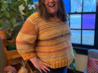 Isn’t it the cutest?! I finished this sweater last week & promptly wore it five days in a row. Then I gave it a couple days off & put it back on this morning. It’s cozy & warm, pleasantly slouchy/oversized, & the sleeves are perfection.
⠀
(These are the top-down set-in sleeves I did a blog tutorial about, so check that out if you missed it.)
⠀
I think this is the fifth time I have knit something with a physical & tangible connection to history. After my grandma died, my aunt sent me a box with some of her patterns, a bit of yarn, & a few unfinished projects. Using Thelma’s yarn, I finished a raglan Fisherman sweater she was making with leftovers. I also knit a pair of socks following a chart she’d drawn into one of her pattern books. The socks had a paint bucket & paintbrush — an important motif on that side of my family, since my great-grandfather was a house painter. I imagine my grandma might have made her own pair of those socks for my grandpa. I knit my pair for my dad.
⠀
A year or two ago, I found a bag of fingering-weight baby blue and white